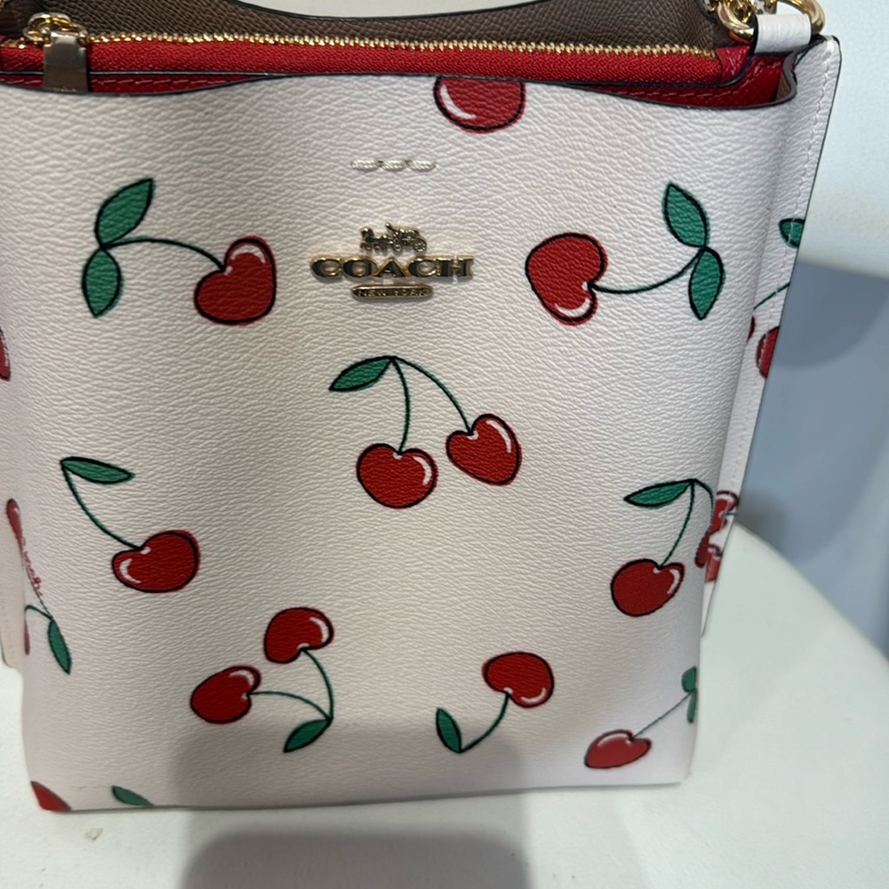 Coach White Cherry Print Leather Crossbody Bag with Red Accents